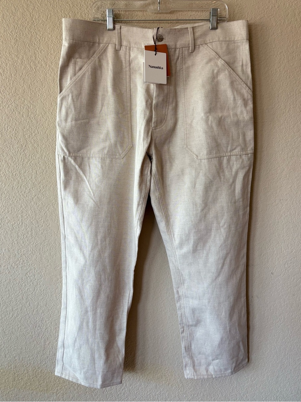 NWT Nanushka Jasper Linen Patch Pocket‎ Cropped Jeans Beige Size 36